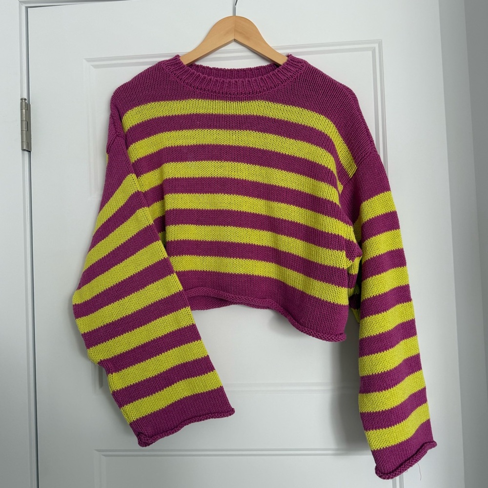 Zara - Purple/Magenta and Yellow Striped Crew Neck Sweater